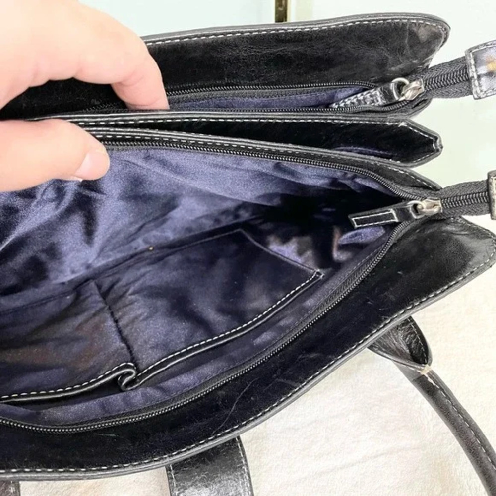 Hype Satchel Shoulder Bag Black Patent Leather Multi Pocket Handbag Purse Buckle - Picture 9 of 10
